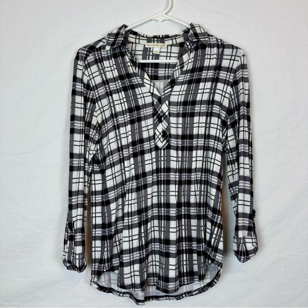 Westport 1962 black and white plaid long sleeve blouse Size XS